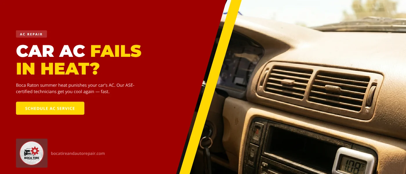 Car AC repair in Boca Raton, FL — ASE-certified technician at Boca Tire and Auto - Firestone diagnosing a vehicle air conditioning system during South Florida summer heat