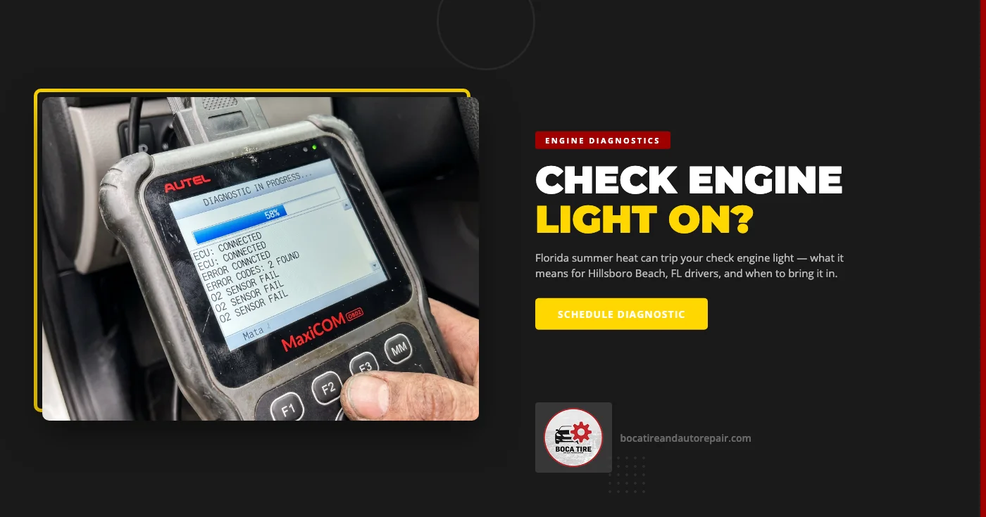 Check engine light diagnostics in Hillsboro Beach, FL — Boca Tire and Auto - Firestone ASE-certified technicians scanning a vehicle in Florida summer heat